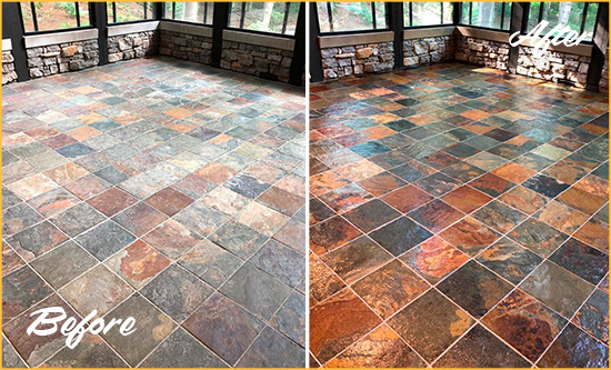 Before and After Picture of a Slate Stone Floor Sealed to Eliminate Dullness