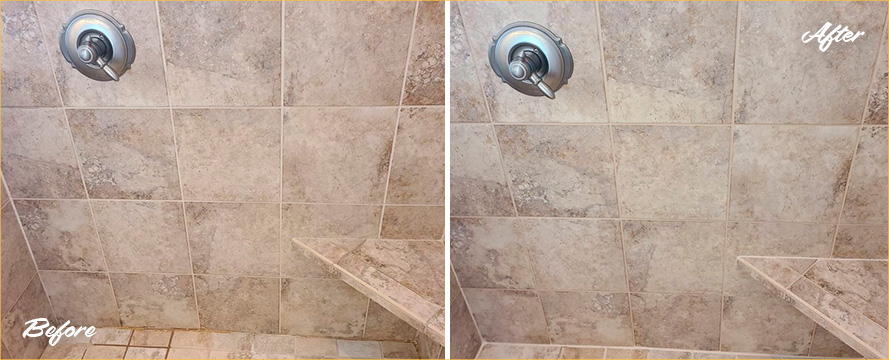 Shower Before and After a Phenomenal Grout Sealing in Williamsburg, NY
