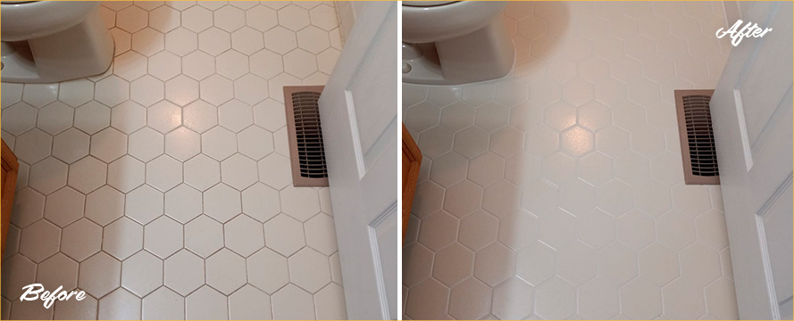 Bathroom Floor Before and After a Phenomenal Grout Cleaning in Bay Ridge, NY