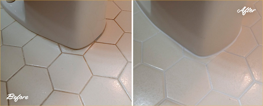 Bathroom Tile Floor Before and After a Grout Cleaning in Bay Ridge, NY