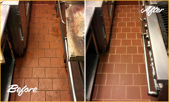 Before and After Picture of a White Sands Restaurant Kitchen Tile and Grout Cleaned to Eliminate Dirt and Grease Build-Up