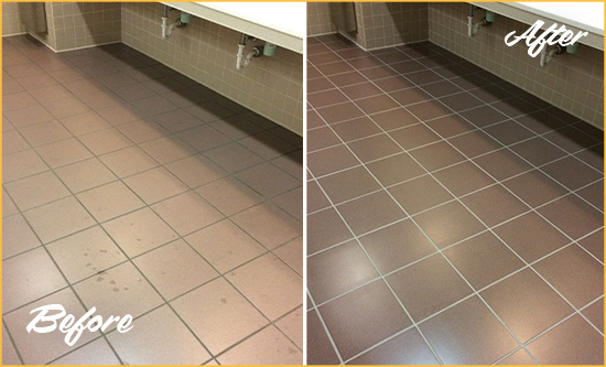Before and After Picture of a Gowanus Restrooms Tile and Grout Cleaned to Remove Embedded Dirt