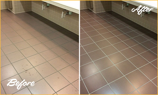 Before and After Picture of a Fort Hamilton Restrooms Tile and Grout Cleaned to Remove Embedded Dirt