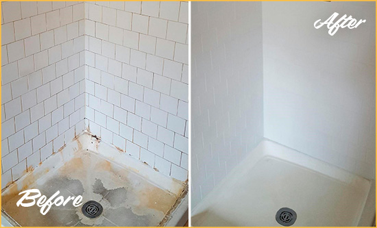 Before and After Picture of a Cobble Hill Shower Tile and Grout Cleaned to Remove Soap Scum