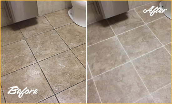 Before and After Picture of a Flatbush Restroom Tile and Grout Cleaned to Remove Soil