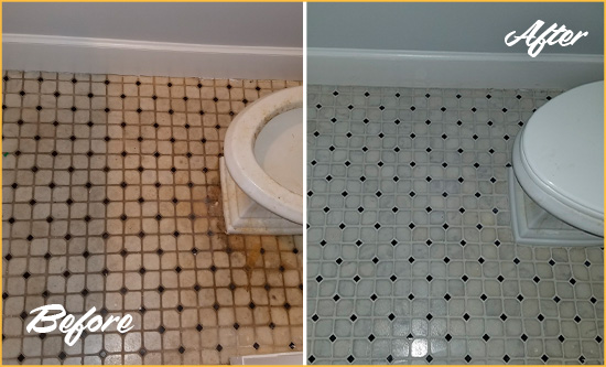 Before and After Picture of a South Slope Bathroom Tile and Grout Cleaned to Remove Stains