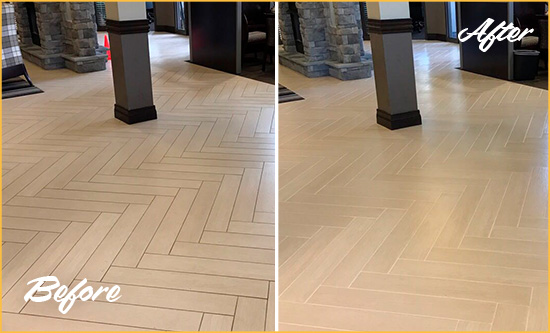 Before and After Picture of a White Sands Office Floor Tile and Grout Cleaned to Remove Stains