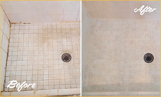 Before and After Picture of a Williamsburg Shower Caulked to Fix Cracks