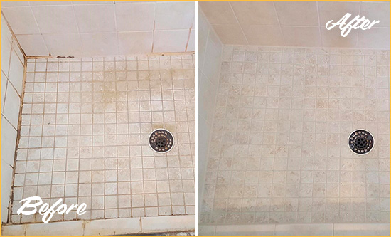 Before and After Picture of a White Sands Shower Caulked to Fix Cracks