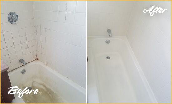 Before and After Picture of a White Sands Bathtub Caulked to Repair Cracks
