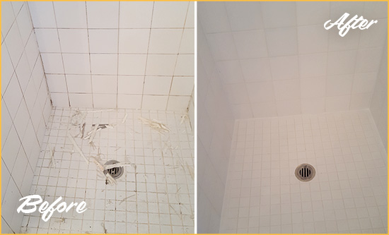 Before and After Picture of a Dowtown Brooklyn Bathroom Re-Caulked To Repair Damaged Caulking