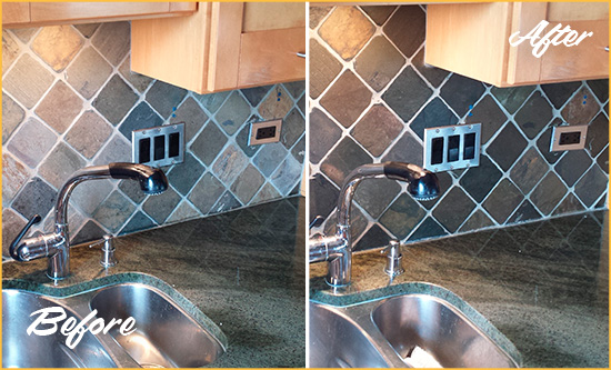 Before and After Picture of a Mill Basin Backsplash Caulked to Fix and Prevent Water Leaks