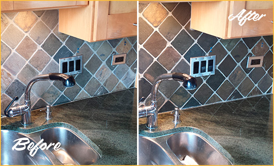 Before and After Picture of a Marine Park Backsplash Caulked to Fix and Prevent Water Leaks