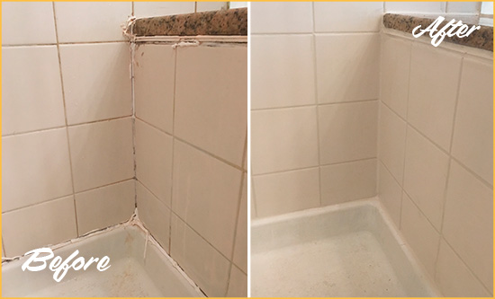 Before and After Picture of a Kings Shower Caulked to Repair Damaged Caulking