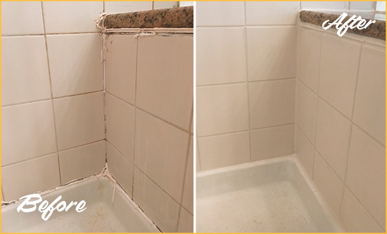 Before and After Picture of a White Sands Shower Caulked to Repair Damaged Caulking
