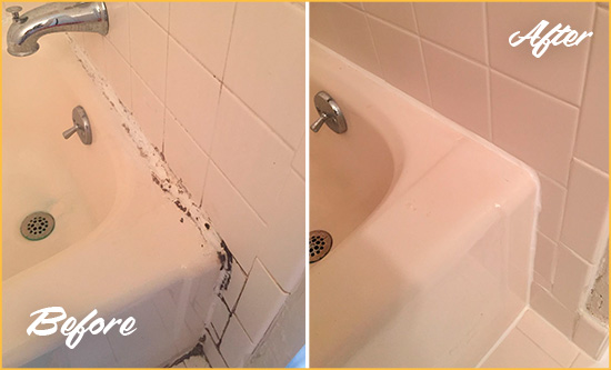 Before and After Picture of a White Sands Bathroom Sink Caulked to Fix a DIY Proyect Gone Wrong