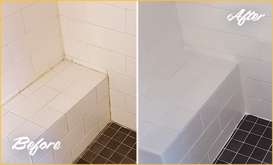Before and After Picture of a White Sands Shower Seat Caulked to Protect Against Mold and Mildew Growth