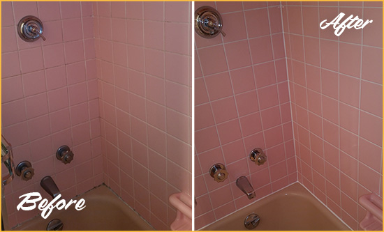 Before and After Picture of a South Slope Bathtub Caulked to Eliminate Mold