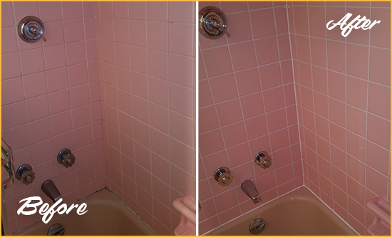 Before and After Picture of a White Sands Bathtub Caulked to Eliminate Mold