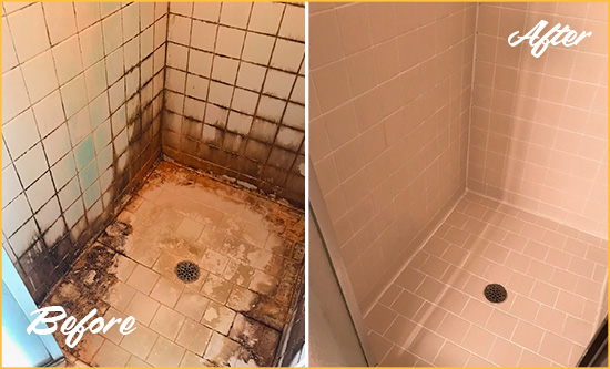 Before and After Picture of a White Sands Shower Caulked to Fix and Prevent Water Damage