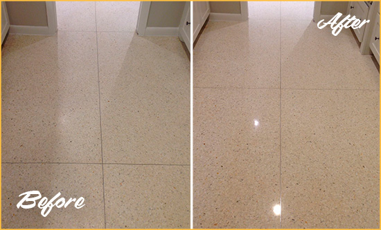Before and After Picture of a White Sands Granite Stone Floor Polished to Repair Dullness