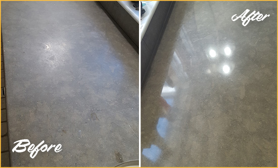 Before and After Picture of a Dull Kings Limestone Countertop Polished to Recover Its Color