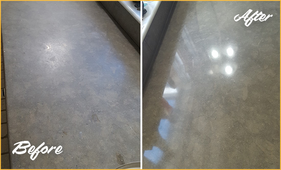 Before and After Picture of a Dull Gowanus Limestone Countertop Polished to Recover Its Color