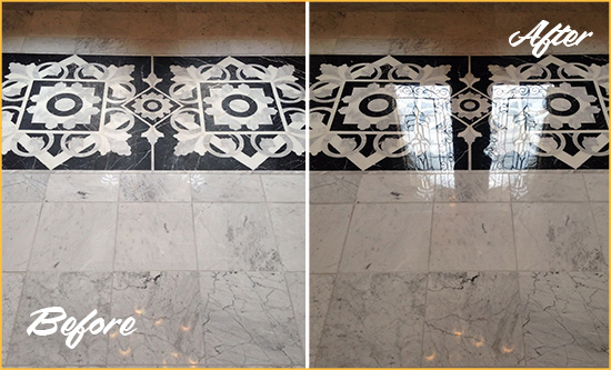 Before and After Picture of a White Sands Marble Stone Floor Polished to a Mirror Shine