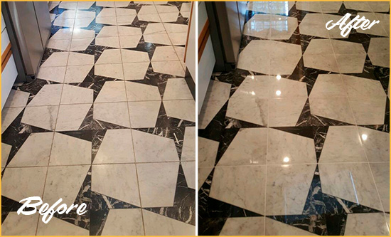 Before and After Picture of a Dull Bay Ridge Marble Stone Floor Polished To Recover Its Luster