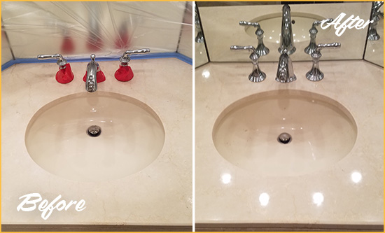 Before and After Picture of a Dull Mill Basin Marble Stone Vanity Top Polished to Bring-Back Its Sheen