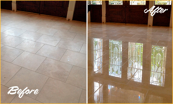 Before and After Picture of a Dull Cobble Hill Travertine Stone Floor Polished to Recover Its Gloss