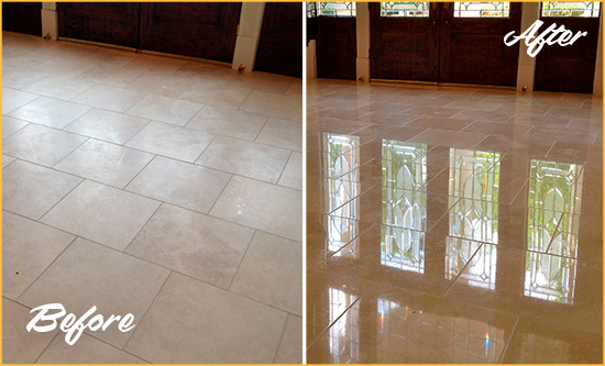 Before and After Picture of a Dull Gowanus Travertine Stone Floor Polished to Recover Its Gloss