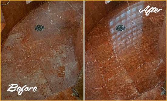 Before and After Picture of a Gowanus Marble Stone Shower Polished to Eliminate Mineral Deposits