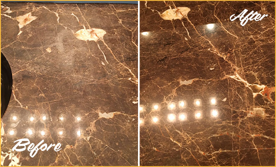 Before and After Picture of a Bay Ridge Marble Stone Countertop Polished to Eliminate Stains