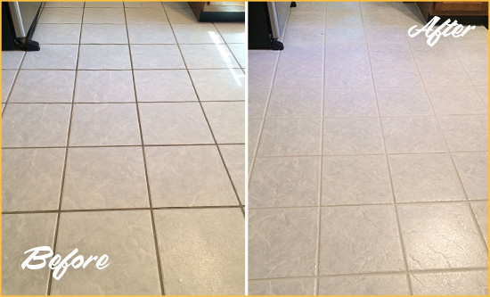 Before and After Picture of a White Sands Kitchen Ceramic Floor Sealed to Protect From Dirt and Spills