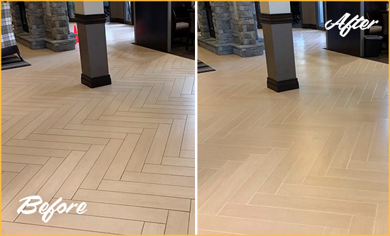 Before and After Picture of a Dirty Kings Ceramic Office Lobby Sealed For Extra Protection Against Heavy Foot Traffic