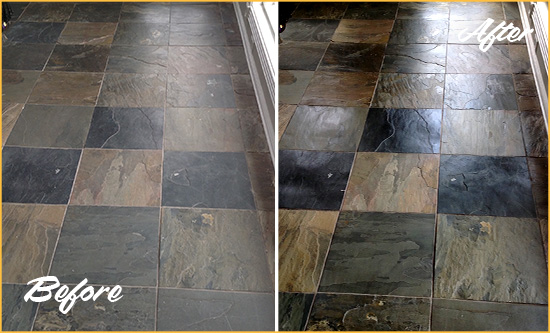 Before and After Picture of a Dull Marine Park Slate Floor Sealed to Bring Back Its Colors