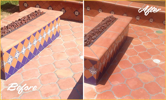 Before and After Picture of a Dull Flatlands Terracotta Patio Floor Sealed For UV Protection