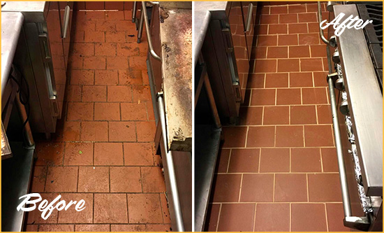 Before and After Picture of a Mill Basin Restaurant Kitchen Floor Sealed to Remove Soil