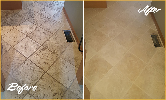 Before and After Picture of a Borough Park Kitchen Marble Floor Cleaned to Remove Embedded Dirt