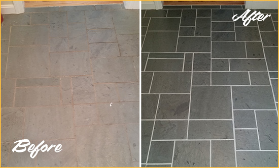 Before and After Picture of a Fort Hamilton Slate Floor Cleaned to Remove Deep-Seated Dirt