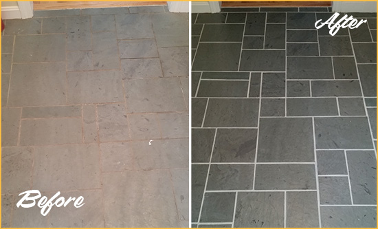 Before and After Picture of a Greenpoint Slate Floor Cleaned to Remove Deep-Seated Dirt