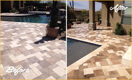 Before and After Picture of a Dull Bergen Beach Travertine Pool Deck Cleaned to Recover Its Original Colors