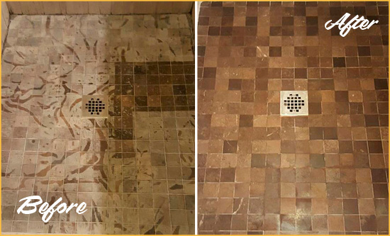 Before and After Picture of a Stained Mill Basin Marble Shower Floor Cleaned to Remove Etching