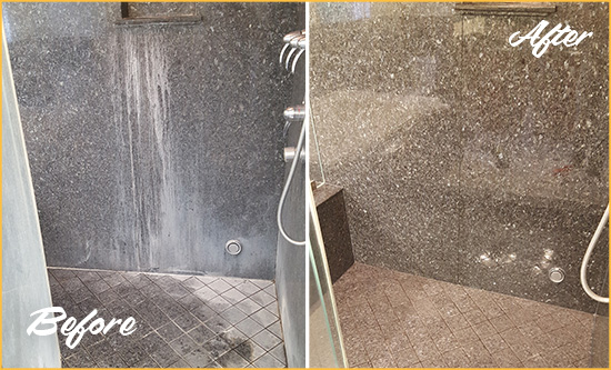 Before and After Picture of a Greenpoint Granite Shower Cleaned to Remove Mineral Deposits