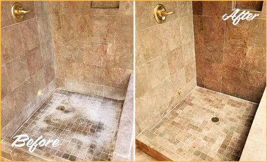 Before and After Picture of a Gowanus Travertine Shower Cleaned to Eliminate Water Spots