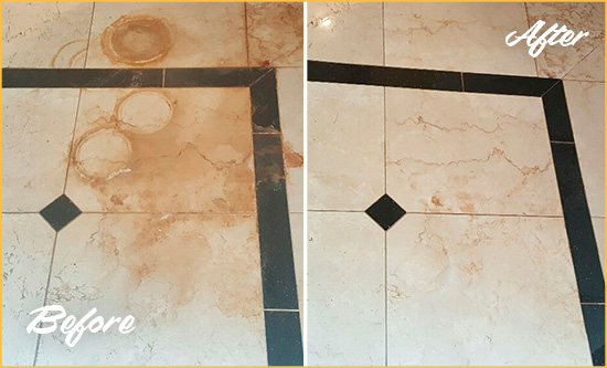 Before and After Picture of a Bergen Beach Marble Floor Cleaned to Eliminate Rust Stains