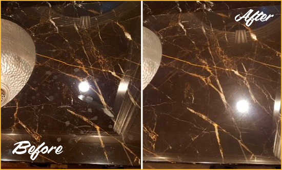 Before and After Picture of a Fort Greene Marble Countertop Cleaned to Remove Water Spots
