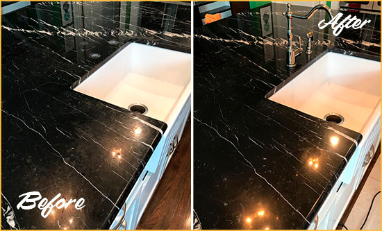 Before and After Picture of a Brooklyn Marble Kitchen Countertop Stone Sealed to Avoid Water Damage