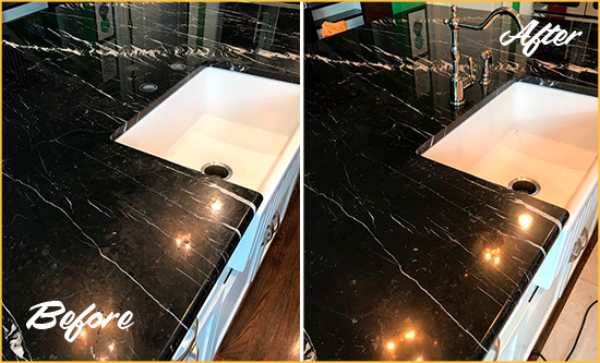 Before and After Picture of a Boerum Hill Marble Kitchen Countertop Stone Sealed to Avoid Water Damage